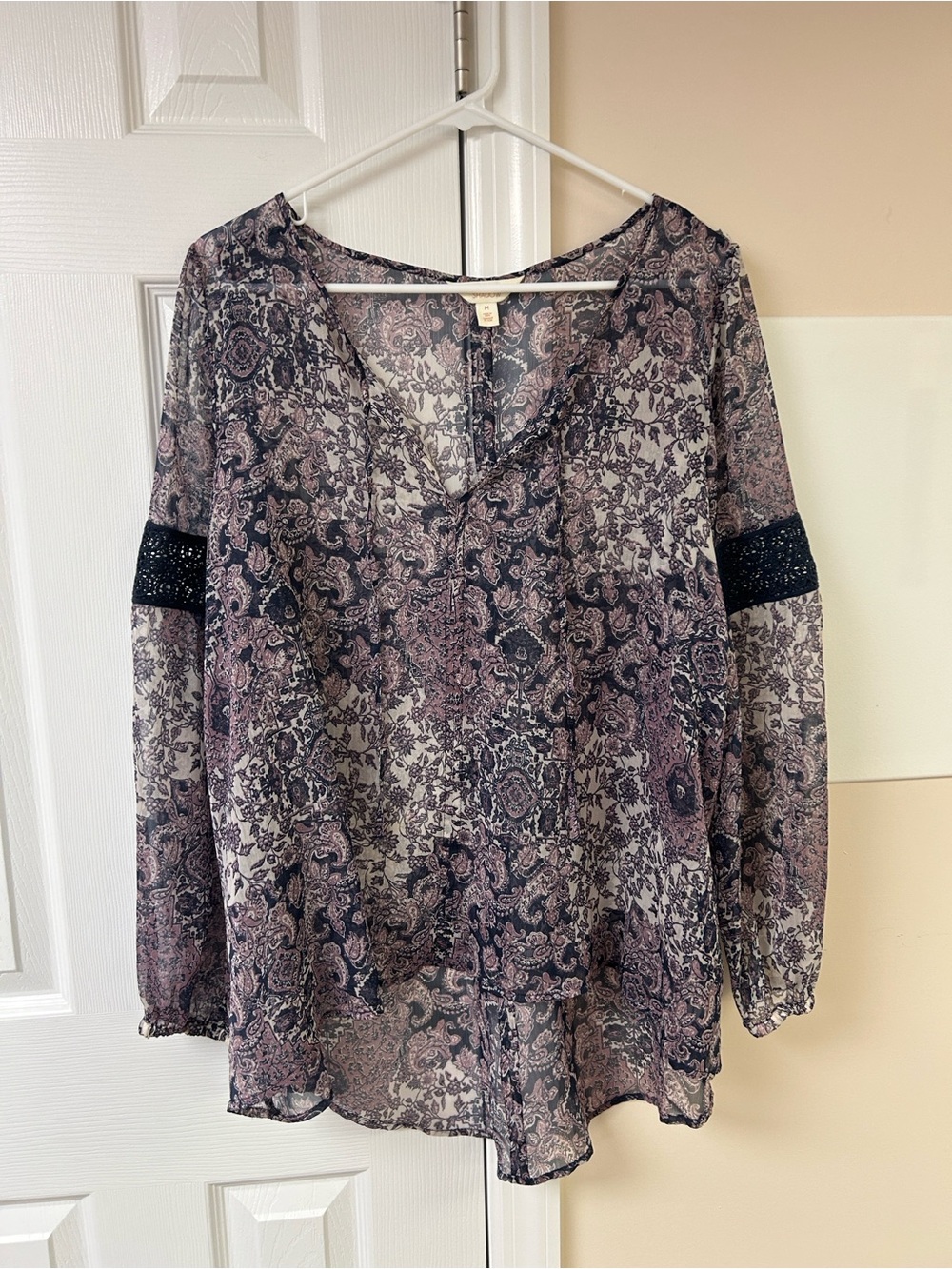 Sun & Shadow Purple Paisley Boho Printed Blouse Sheer